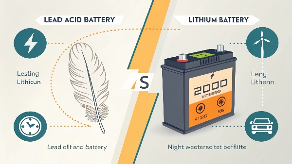 A split image: one side showing a lead-acid battery with a price tag, the other a lithium-ion battery with features like 