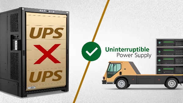 A split image: one side showing a UPS delivery truck, the other side showing a server rack with a rack-mounted UPS device, with a clear 