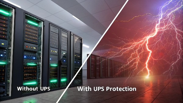 A split image: one side showing chaotic, sparking wires leading to dark, offline servers ('Without UPS'); the other side showing clean, organized power cables from a UPS leading to brightly lit, operational servers ('With UPS Protection').