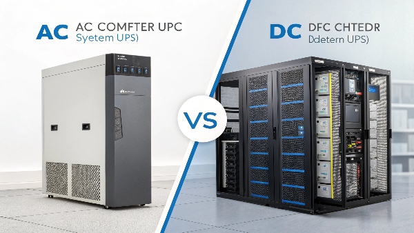 A split image: one side shows an AC UPS powering a computer, the other a DC UPS powering a telecom device