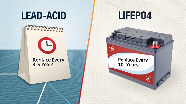 A split image showing a calendar with a 3-year reminder for a lead-acid battery and a 10-year reminder for a lithium battery