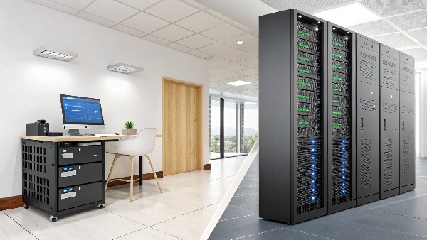 A split image showing a large enterprise-grade rack UPS on one side and a small desktop UPS on the other