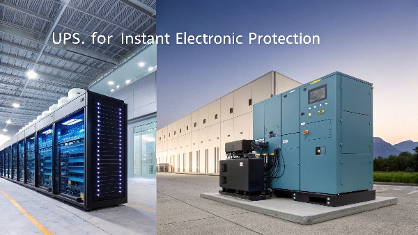 A split image showing a UPS for IT equipment on one side and a large generator for a building on the other
