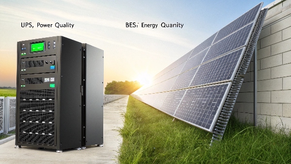 A split image showing a UPS protecting servers on the left, and a large BESS connected to solar panels on the right