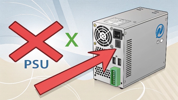 A standard computer PSU with a red 'X' over it, and an arrow pointing to an external UPS unit as the correct solution
