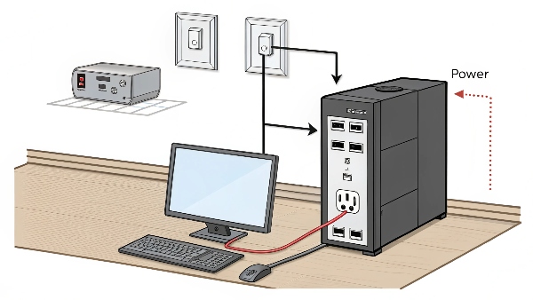 A standard UPS unit connected between a wall outlet and a desktop computer setup, illustrating its role