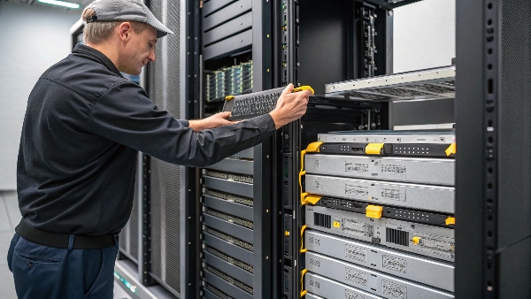 A technician easily sliding a slim 1U lithium battery pack into a crowded server rack