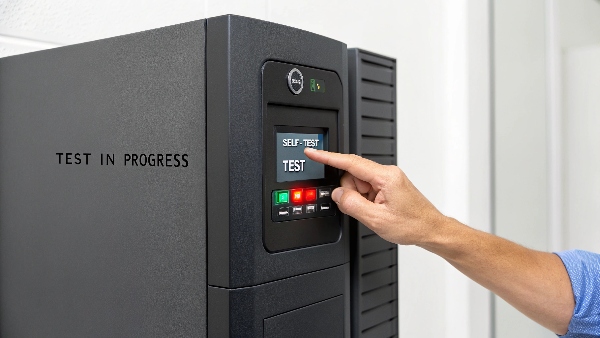 A technician initiating a self-test sequence on a UPS front panel