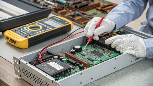 A technician inspecting a UPS internal circuit board, with a multimeter nearby.