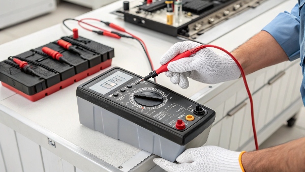 A technician using a multimeter to test a 12V UPS battery