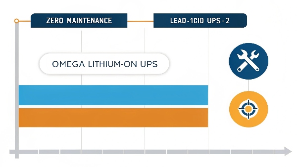 A timeline graph showing the 10-year lifespan of an Omega Lithium-Ion UPS versus the 3-5 year lifespan of a lead-acid UPS