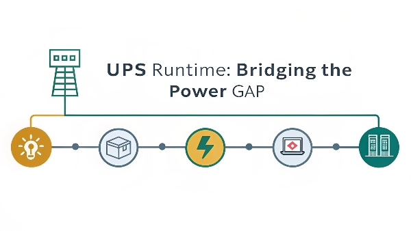A timeline graphic: 0 mins (power outage starts), UPS immediately takes over; 1-2 mins (generator start-up sequence); 5-15 mins (UPS runtime window); arrow showing generator takes load or systems shut down.