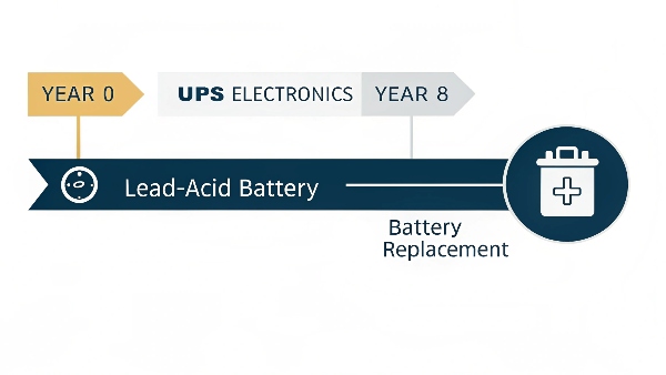 A timeline graphic showing a UPS unit lasting 8 years, but its battery being replaced at the 4-year mark