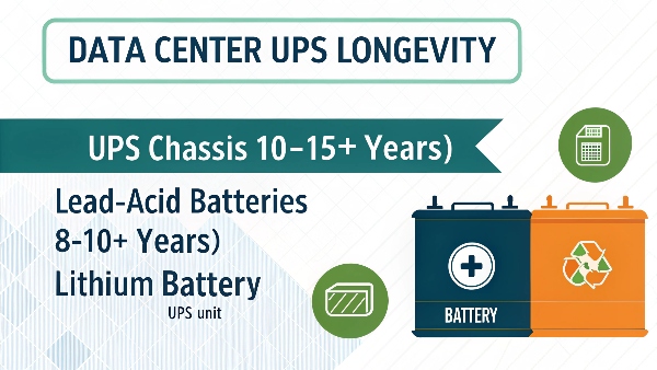 A timeline graphic showing the lifespan of a UPS chassis (10-15+ years) and separate, shorter timelines for lead-acid (3-5 years) and lithium batteries (8-10+ years)