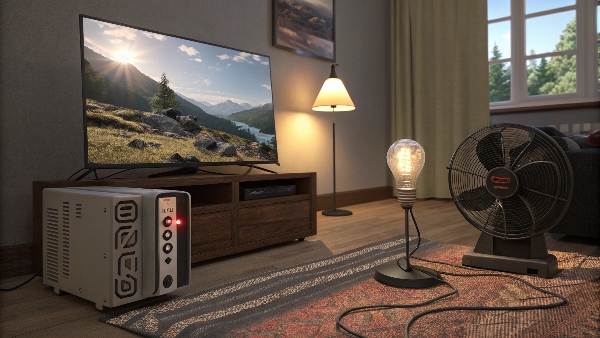 A TV, an electric fan, and an LED light bulb all connected to a moderately sized UPS, operating during a simulated power outage