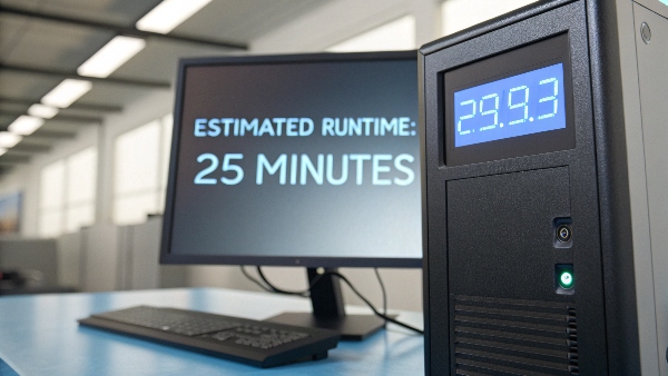 A UPS display showing 'Estimated Runtime: 25 Minutes' with a computer and monitor connected