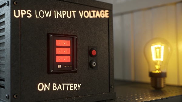 A UPS displaying a 'low input voltage' warning and running on battery, with a dim light bulb in the background representing low utility power