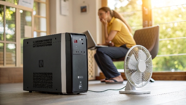 A UPS next to a non-working fan, with a subtly anxious user expression blurred in the background.