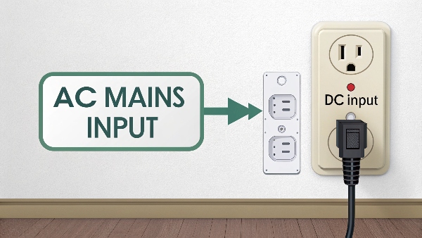 A UPS power cord plugged into a standard wall outlet, with an arrow indicating AC mains input. Optionally, a smaller icon of a DC power source for specialized units.