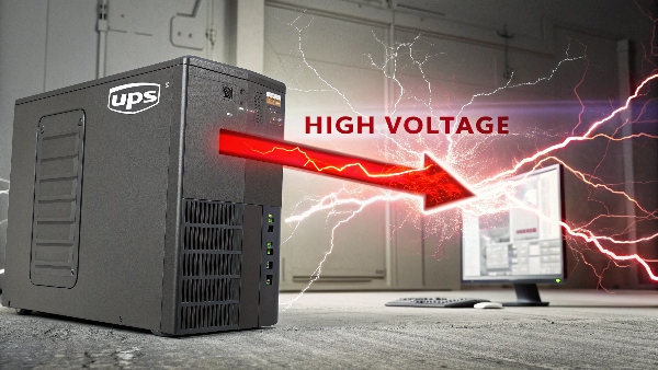 A UPS unit heroically blocking a large, red 'HIGH VOLTAGE' arrow from reaching a desktop computer