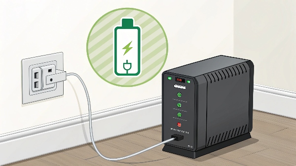 A UPS unit plugged into a wall outlet, with an animated icon showing its battery level indicator increasing, symbolizing recharging