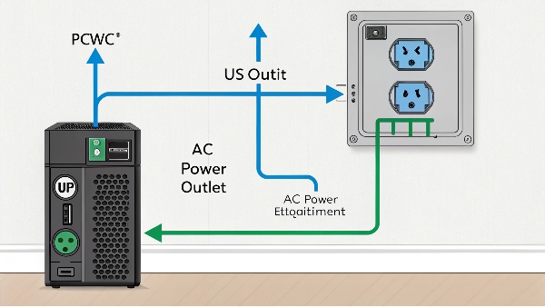 A UPS unit plugged into a wall outlet, with arrows indicating AC power flowing into the UPS, and AC power flowing out to connected computer equipment