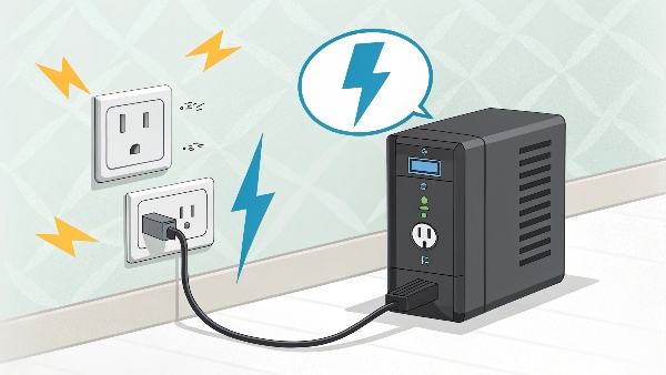 A UPS unit plugged into a wall, with an arrow showing power flowing to its internal battery icon, which has a 