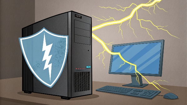 A UPS unit shielding a computer and monitor from a stylized lightning bolt representing a power surge