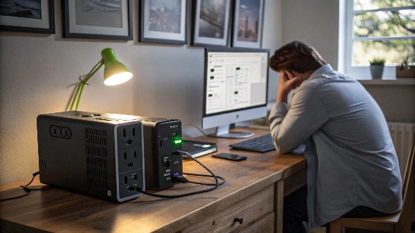 A UPS unit that is plugged in, but its output sockets are off, with a user looking confused