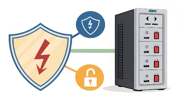 A UPS unit with a battery symbol crossed out, but still showing a shield icon protecting a PC from a surge