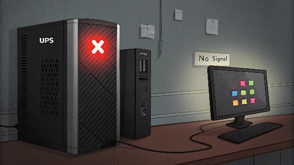 A UPS unit with a critical battery failure icon (e.g., a battery with a red X) and a connected computer screen going black during a simulated power cut