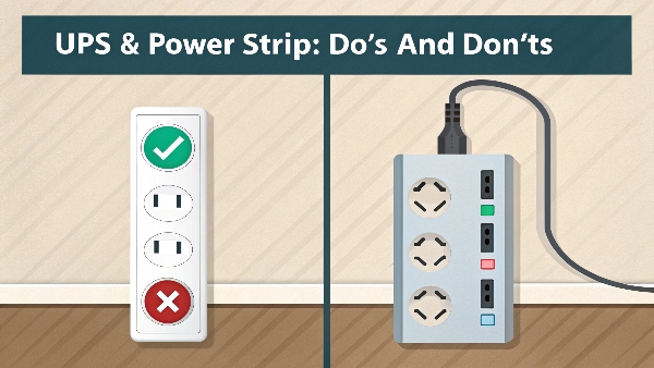 A UPS with a power strip plugged into one of its battery-backed outlets, powering several low-power devices like a modem and a small monitor. Another image shows a UPS with a red X over its plug being inserted into a power strip.