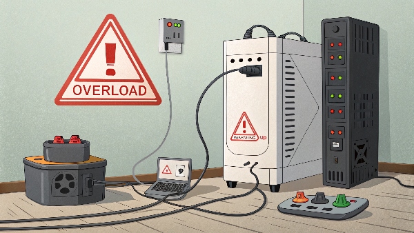 A UPS with a warning symbol and multiple high-power devices (e.g., laser printer, heater, powerful PC) plugged into it