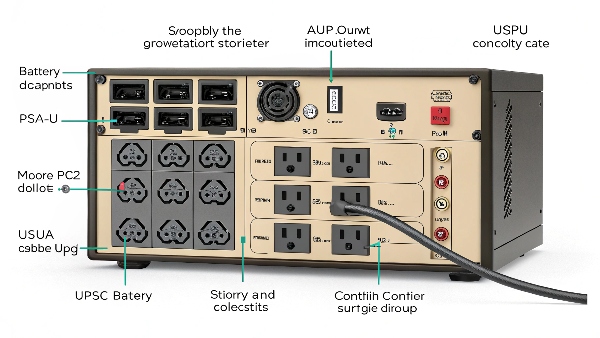 A UPS with multiple devices plugged in, some to battery backup + surge outlets, others to surge-only outlets