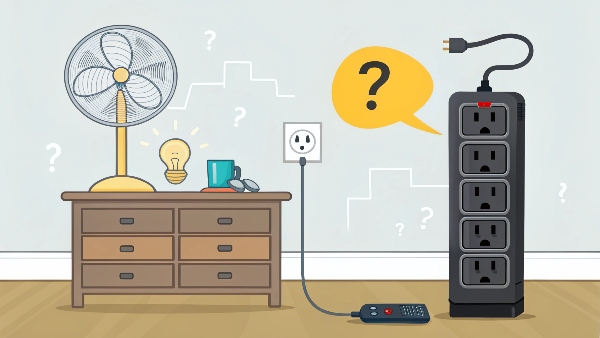 A UPS with multiple everyday items like a fan, lamp, and phone charger plugged into battery-backed outlets, with a question mark above it