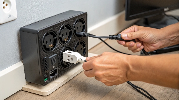 A user checking the connection cable between a UPS output socket and a fan plug.