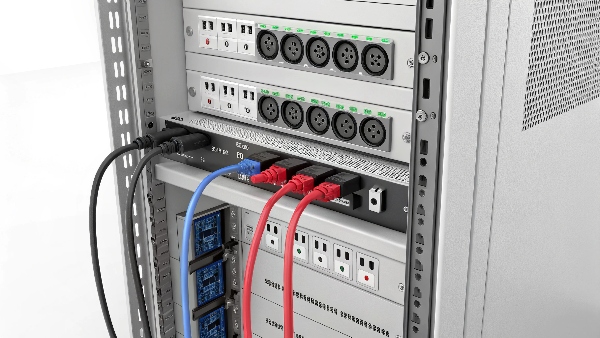 A vertical PDU mounted in a server rack, clearly showing multiple C13/C19 outlets with power cords connected to various servers and network switches within that rack.