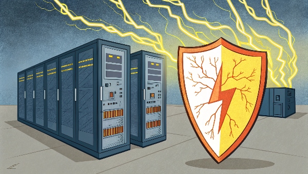 A visual metaphor: a UPS acting as a strong, vigilant shield deflecting power disturbances (lightning, unstable waves) away from server racks, while a generator is shown in the background as a secondary support.