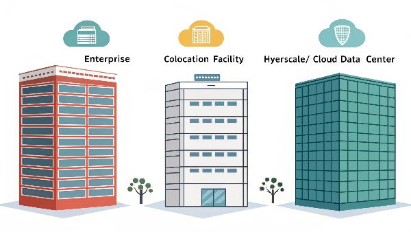 A visual representation of the three types: an office building with a server room icon for 'Enterprise', a building labeled 'Colocation Facility' with multiple company logos, and a very large, modern building labeled 'Hyperscale/Cloud Data Center'