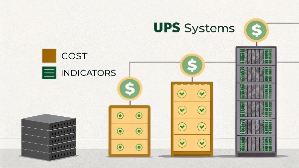 A visual scale showing a small rack-mount UPS with one dollar sign, a mid-size UPS with two dollar signs, and a large modular UPS system with three dollar signs, indicating cost range.