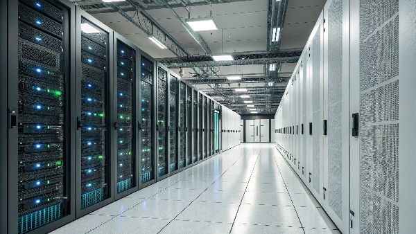 A wide shot of a data center aisle with racks of servers on both sides, cooling units visible.
