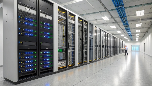 A wide shot of a modern data center interior, showing rows of server racks with blinking lights, and perhaps cooling systems or a technician working