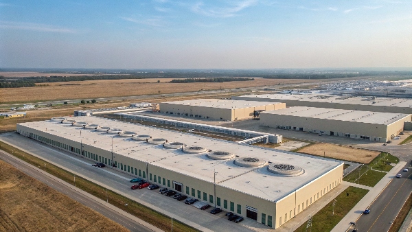 Aerial view of a massive AWS data center complex