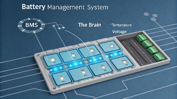 An animation or diagram showing a Battery Management System (BMS) monitoring temperature and voltage in a battery pack