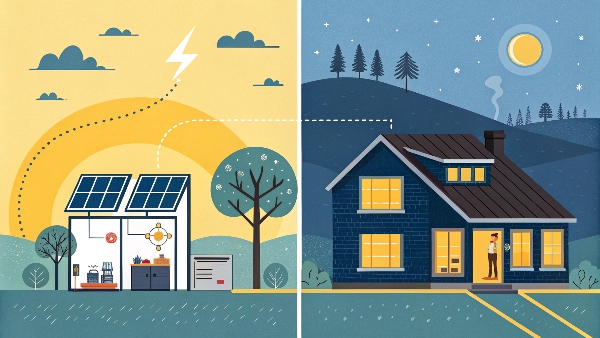 An animation showing a battery being charged by solar panels during the day, and then powering a house at night