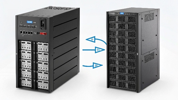 An animation showing a single UPS, then adding more and more external battery modules next to it
