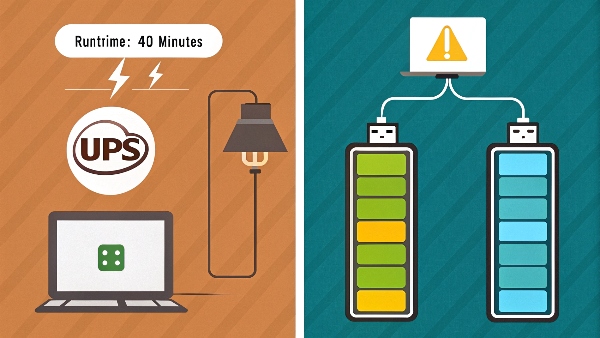 An animation showing a UPS battery gauge draining slowly with a lamp plugged in, and draining quickly with a large computer plugged in
