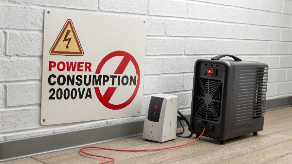 An electric space heater with a warning symbol indicating high power consumption, next to a UPS