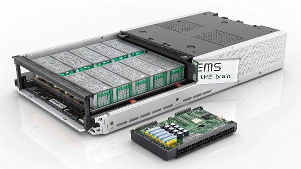 An exploded-view diagram of a Lithium-Ion UPS showing the battery pack and BMS