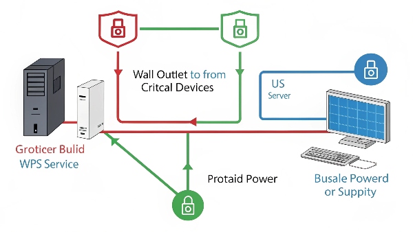 An illustrated diagram showing how a UPS sits between the wall outlet and critical devices like a server and a computer